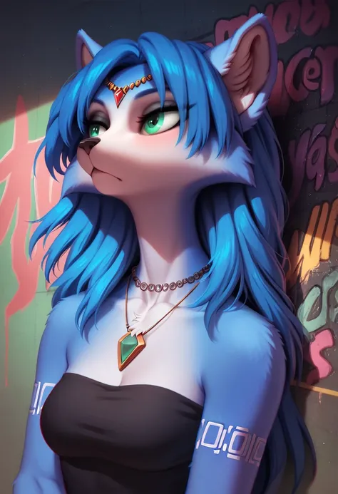 ((krystal)), Star Fox-Krystal, lovable, green eyes, ((( Long blue hair 1 .3))), Decollete, anthro, Fuzzy, detailed Fluffys fell,  detailed face , (Fluffy),  1 girl, ,woman, Goth, green eyes, undercut, ultra-realistic 8k cg ,  masterpiece, (( ultra-detailed...