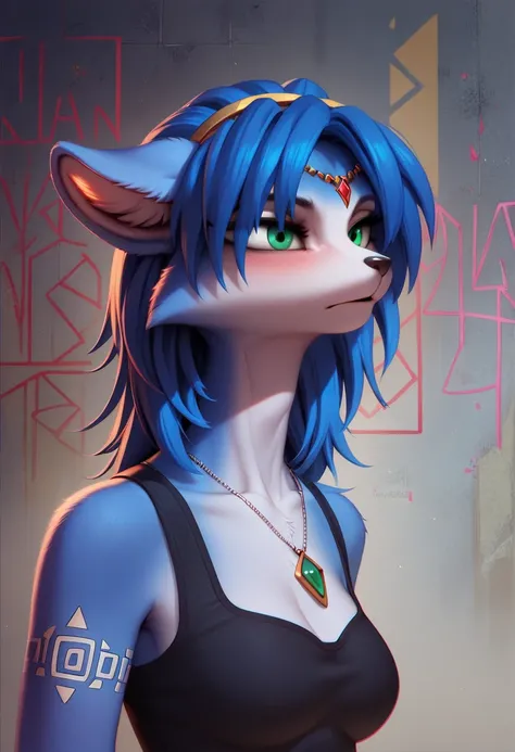 ((krystal)), Star Fox-Krystal, lovable, green eyes, ((( Long blue hair 1 .3))), Decollete, anthro, Fuzzy, detailed Fluffys fell,  detailed face , (Fluffy),  1 girl, ,woman, Goth, green eyes, undercut, ultra-realistic 8k cg ,  masterpiece, (( ultra-detailed...