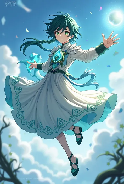 Geanshin impact chracter 
Boy power anemo Dark green hair with a weapon and a powerful crystal on his chest and honey eyes with gray green periods and a white dress and Flying in the sky 