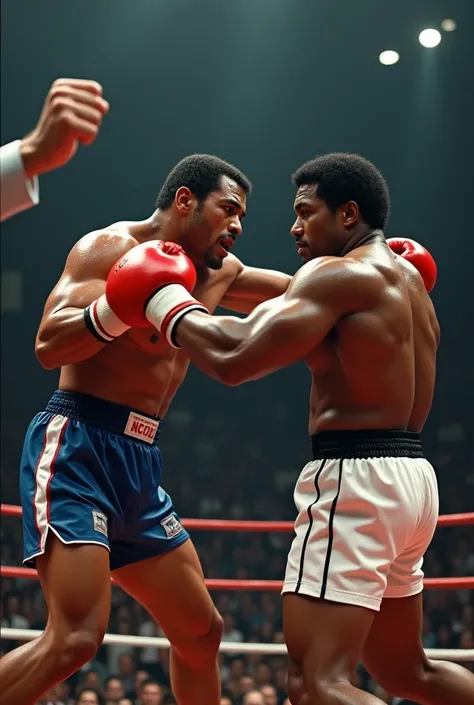 An image of Muhammad Ali vs. George Foreman in the ring with the coach outside the ring with a towel on his right hand raised



