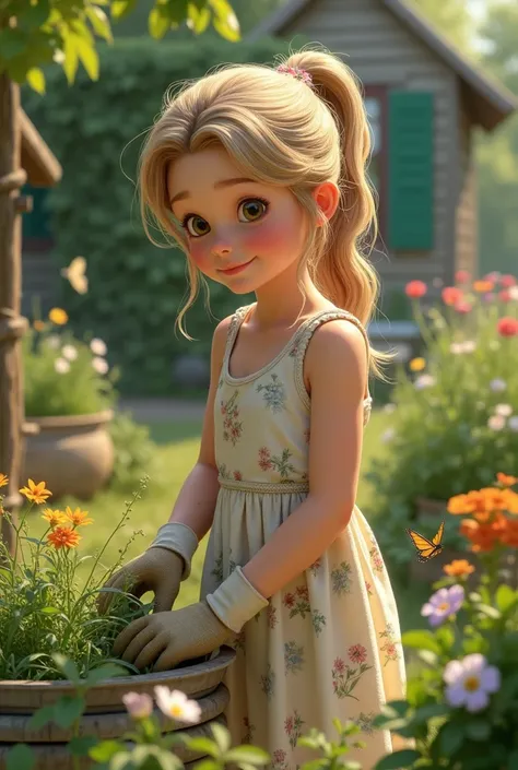 Generate an realistic image of a young european girl gardening