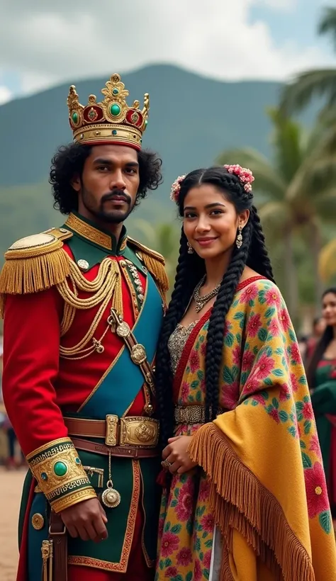 A South American prince with dark skin and wavy hair wears a military outfit inspired by the colors of his country, with insignia that refer to national independence. His princess, a young woman with elongated eyes and braided black hair, wears a colorful ...