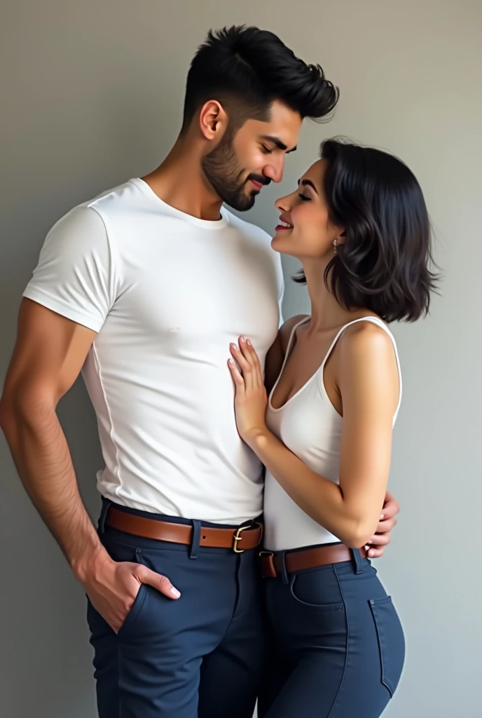  a man wearing a white press boddy t-shirt with blue colored uniform pants wearing a belt,tall haired handsome black haired , with a beautiful short haired female lover 