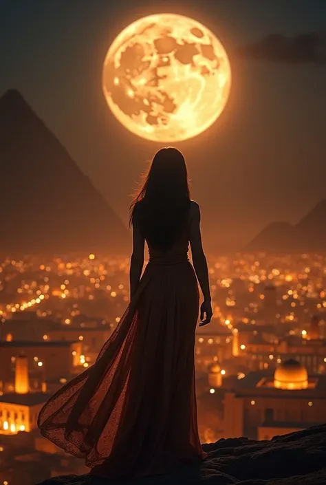 masterpiece, High Resolution, Accurate, Award Winning, UHD, Detail, depth of field, back view of pharaonic queen looking at beautiful ancient pharaonic city at night under big full moon, dramatic lighting, cinematic scene quality