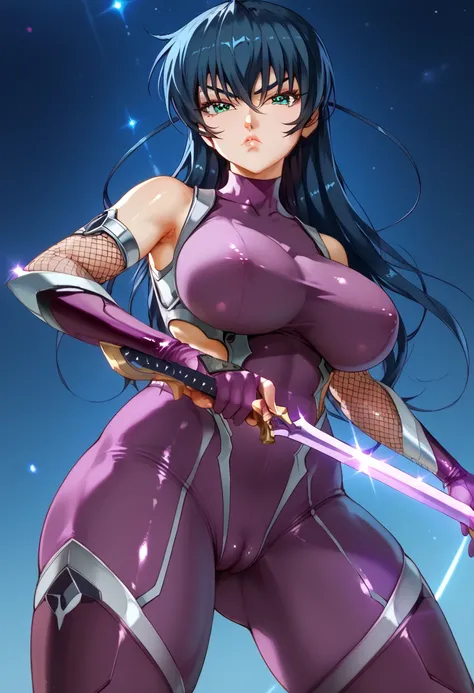     
Igawa_Asagi, dark blue hair, long hair, hair between eyes, aqua eyes, large breasts,asagi suit, ninja, bodysuit, purple bodysuit, fishnets, covered collarbone, gloves, skin tight, covered nipples, bare shoulders, elbow gloves, shiny clothes,score_9, s...