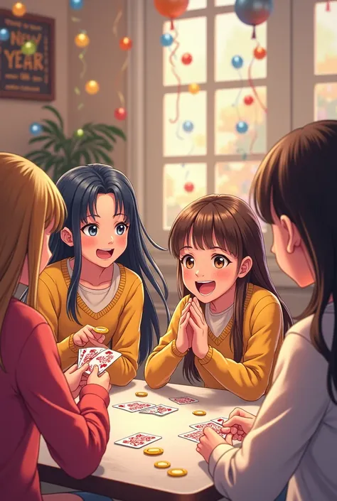 NEW YEAR GIRLS ARE SITTING PLAYING A GAME WITH CARDS THEY HAVE FUN