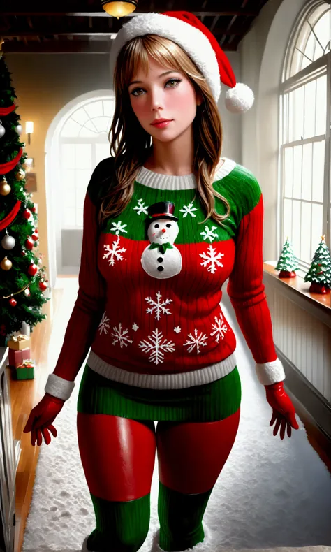 a cute woman, beautiful detailed eyes, beautiful detailed lips, extremely detailed eyes and face, long eyelashes, 1girl, Christmas sweater, mini skirt, sexy leggings, fuzzy boots, gloves, toboggin, Christmas wonderland, (best quality,4k,8k,highres,masterpi...