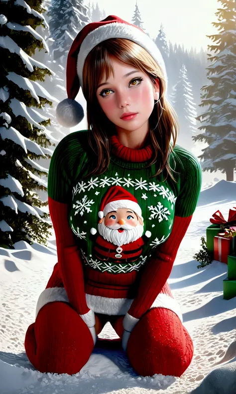 a cute woman, beautiful detailed eyes, beautiful detailed lips, extremely detailed eyes and face, long eyelashes, 1girl, Christmas sweater, mini skirt, sexy leggings, fuzzy boots, gloves, toboggin, Christmas wonderland, (best quality,4k,8k,highres,masterpi...