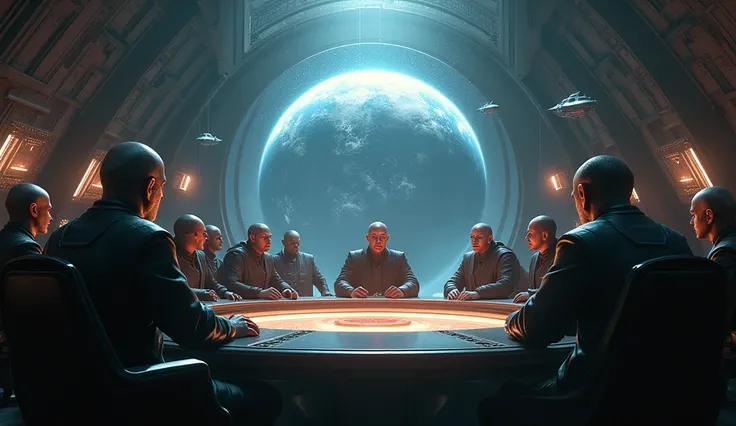 realistic sci fi image of "In the vast darkness of space, a deadly decision loomed as the Galactic Council faced the impending war with the Draxians. With Earth on the brink of annihilation, the fate of countless worlds depended on a single choice—would th...