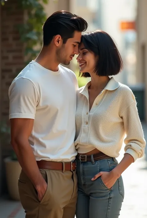  a man wearing a white press boddy t-shirt with old dyed uniform pants wearing a belt,tall haired handsome black haired ,with a beautiful short haired female lover wearing a white knit polo sweater 