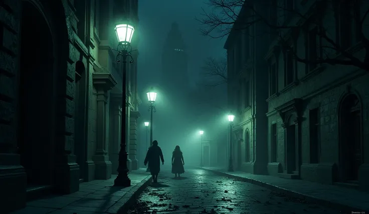 A spooky dark street at night with poles on and poles off