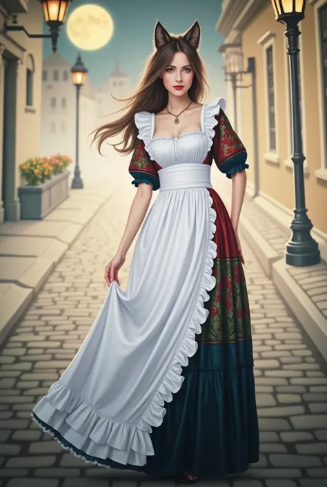 At the school 1woman, maid, wolf ears, brown hair, gold eyes, standing on ground, high res, ultra sharp, 8K, masterpiece dress long Noble ladies fashion full body in Victorian Era dress red, blue, green a conservative full body pose of a 1910 woman wearing...