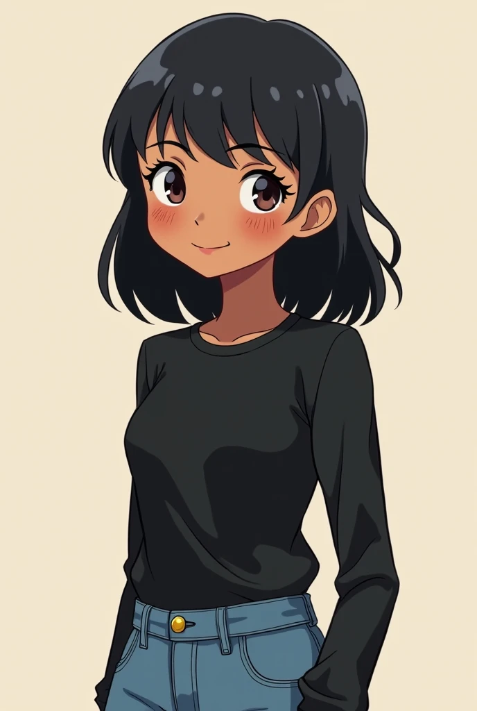 
 do an anime version of me ,I am a tall girl , with black hair without bangs , dark skinned , my face is quite round , The eyes,  a little squishy dimples on my cheeks,  my tits are small and I am thin ,  but with wide shoulders .
 I wear long sleeve blac...