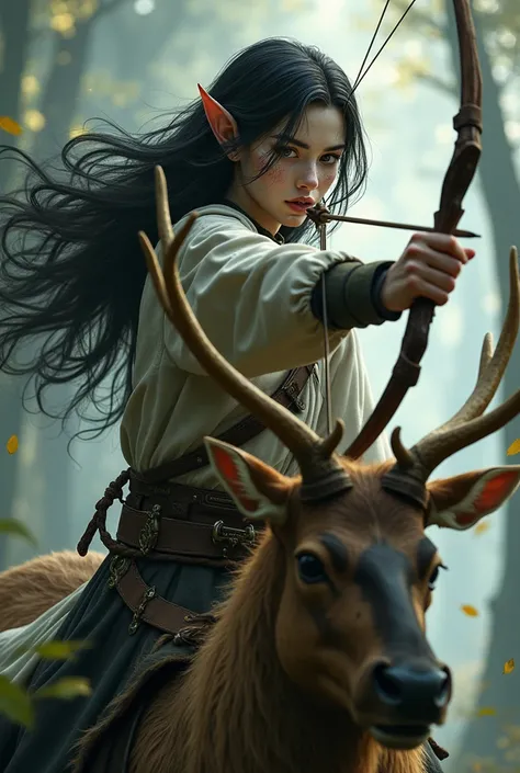 Male elf with pale white skin, freckles all over his face having long dark black flowing the wind, aiming his bow on his elk