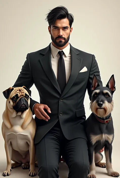 Create an image of a man with very little hair, black beard and black hair , elegant,with two dogs , a pug and a schnauzer dog  