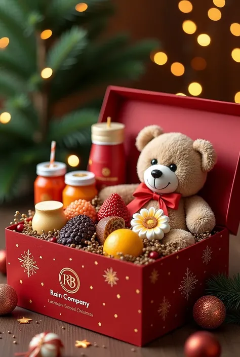 Create an image of a luxury Christmas box for ren with the name Rain Company on the front. Inside will be fine sweets, cakes, cookies, natural juice, fruits and Christmas sweets and a teddy bear.