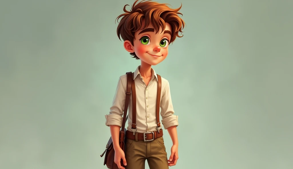 "Max is a 17-year-old boy with wavy chestnut-brown hair that falls slightly over his forehead. His bright green eyes sparkle with curiosity and determination. He has a slender but athletic build, wearing a simple white shirt with rolled-up sleeves and susp...