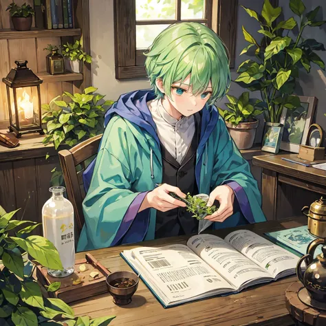 The wizard man with short green hair。 is sleepily sorting medicinal herbs on his desk
