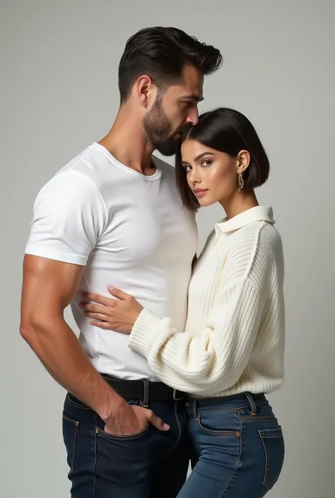 a man wearing a white press boddy t-shirt with dark blue dyed pants wearing a belt,tall haired handsome black haired ,with a beautiful short haired female lover wearing a white knit polo sweater 