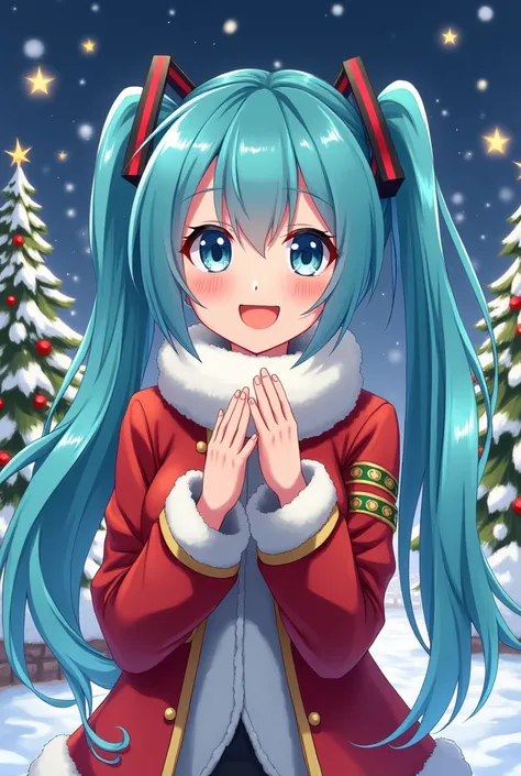 Hatsune Miku, anine style, merry Christmas, not basic, perspective, some cartoon style