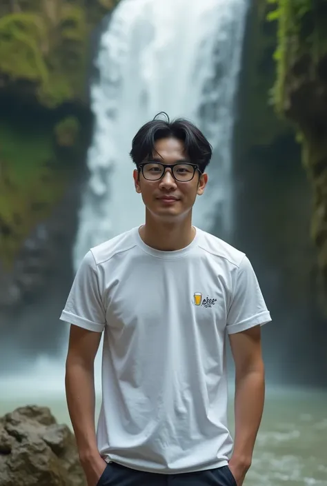 A picture of a cool Korean man, 30, tall 170, heavy 70, wearing black glasses, wearing a round neck T-shirt with short sleeves rolled up sleeves, standing in front of a beautiful waterfall in the middle of nature, with a cool little signature with the word...