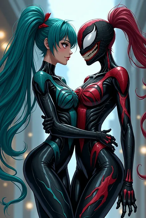  anime style　Hatsune Miku, who is parasitized by Venom and is full of strength 、Hakurei Reimu with the villains smile 、 wears a Venom suit with Spider-Man style patterns all over her body、 are posing 、My whole body looks like a bodysuit and I have Venom、It...