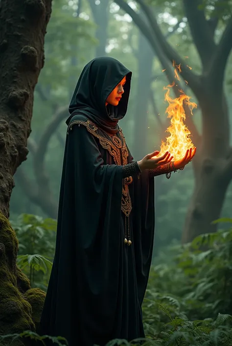  an indonesian woman in black robe , all her clothes are black ,  facing the forest with fire magic in her hands