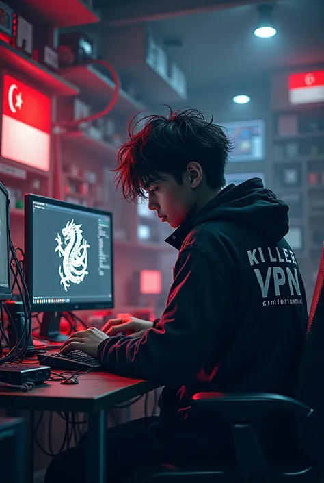  looks from behind a messy haired young man sitting in front of a computer desk Hackers desk Wallpaper and Indonesian Flag, using a KILLER VPN jacket and a white Dragon emblem and lots of 3D animations on the wall