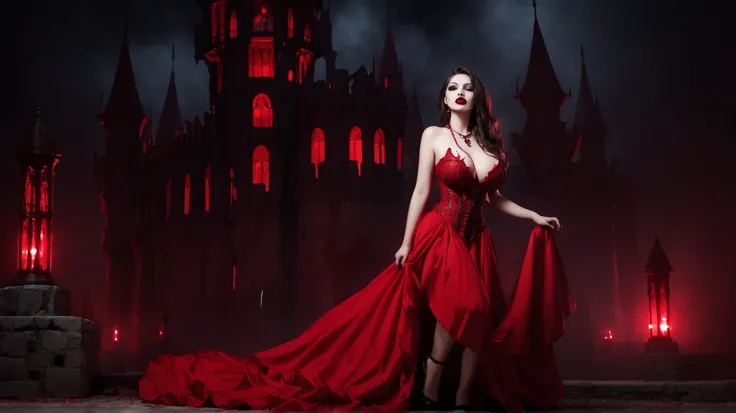 girl with big boobs ,height 160cm ,Vampire,red lips , a drop of blood flowing from the chest,in a red ripped dress, flashlight , against the background of a Gothic castle