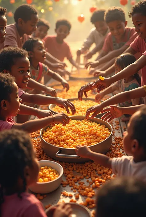 Image dun grand  festin avec les mains denfants de peau noire grandes et petites main noires qui mettent la main dans le panier