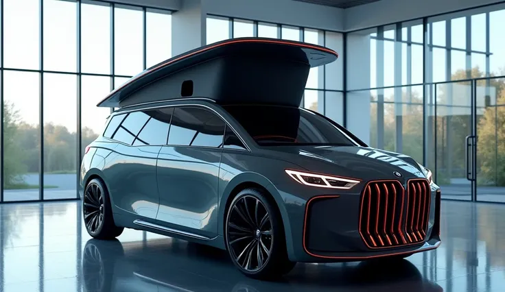 A high-resolution front side view of a sleek, modern whitePrêt pour laventure ? Le BMW XC Camper 2025 est fait pour vous 2025 from the back. The car has a realistic design with a sharp and front grill. The car is parked in modern high-tech showroom space w...