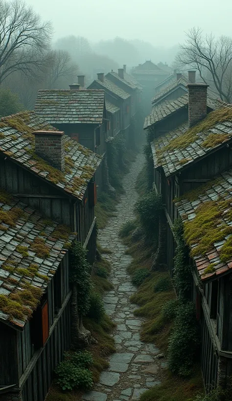  The uninhabited old town ,  many of the houses look worn out on the roots of the wood,  the old town has been abandoned for 100 years , view from above 