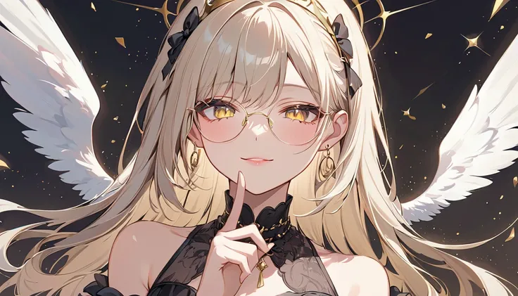 An anime-style illustration of a close-up of a confident and playful female character with platinum blonde hair styled in a sleek, straight fashion. Her face is angled slightly upwards with her chin raised, as she smirks subtly, giving an air of elegance a...