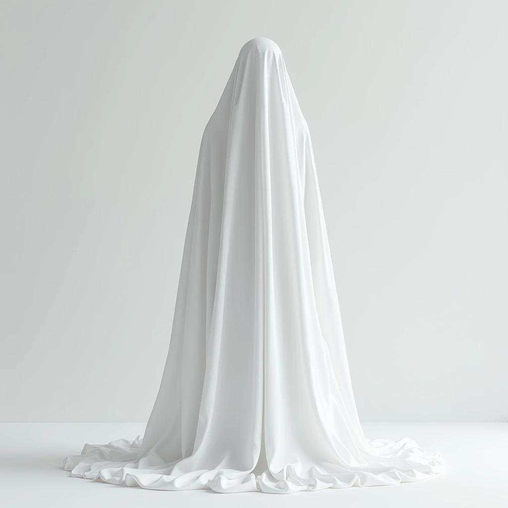 Sheet ghost, white opaque sheet, standing, faceless, white room