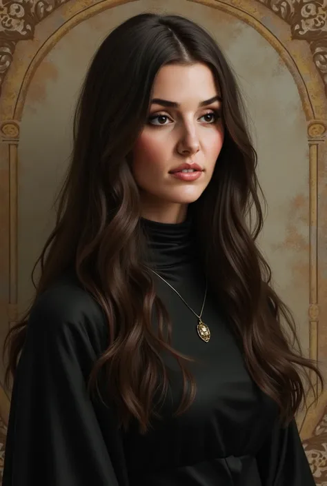 make a portrait, drew in a classic style. its being hang on the wall in durmstrang institute. the female in the portrait is a durmstrang potions professor. make her wear more modern clothes, maybe a black dress. her long dark brown hair is long until her c...