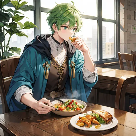 A wizard man with short green hair is eating in the cafeteria