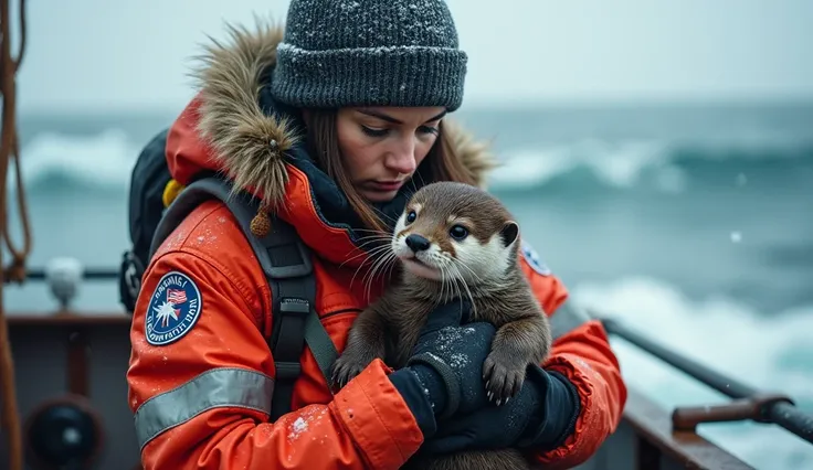 creates a realistic image of a American woman, she is professional rescue, helping the cute baby otter in a motor trawler on the high seas in winter, ice blocks in water, heavy snow falling