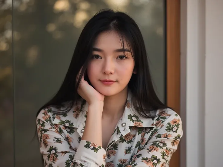 A young thai woman poses outside, and confidence. She is a agent investigator, ,sexy full body,intricate cartoon patterns but no bra. . Her long black hair flows over introspective expression, creating a relaxed yet graceful pose. The background is softly ...