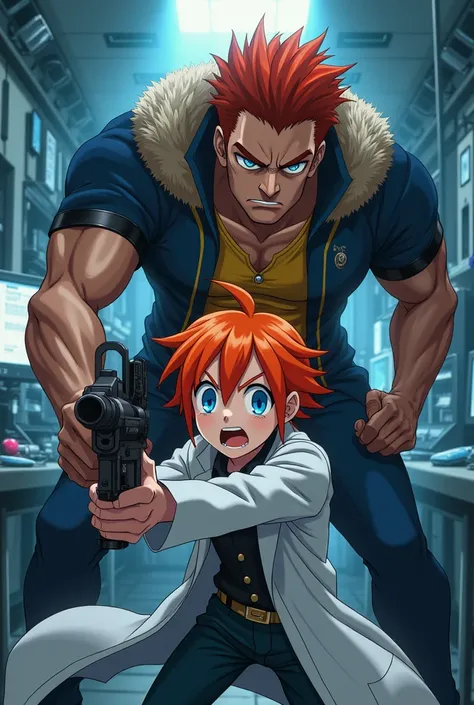 Anime man threatens a crying adult scientist with orange hair and blue eyes with an anime gun