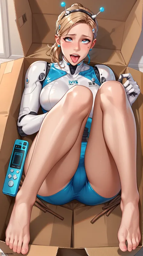 Imagine a beautiful adult latina girl with blonde hair tied with ponytail, Beautiful and realistic face, in robot outfit of the videogame DETROIT BECOME HUMAN, brown skin, Barefoot, excited and ahegao look, hot blushing, open her mouth and sticks out her t...