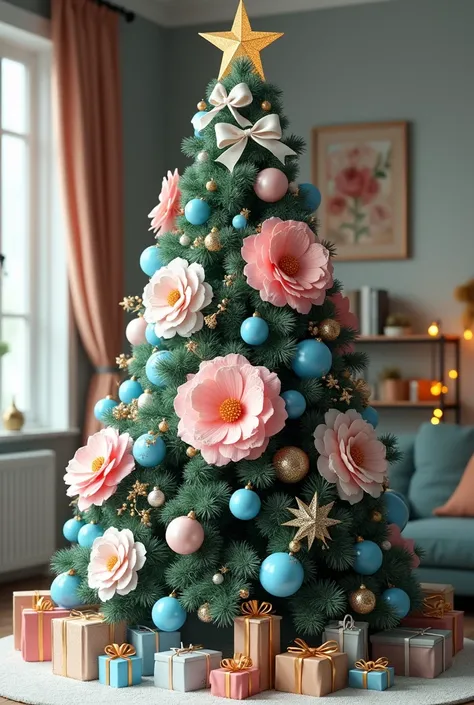 Draw a Christmas tree ,  decorated with white bows, blue balloons ,  large pink flowers 