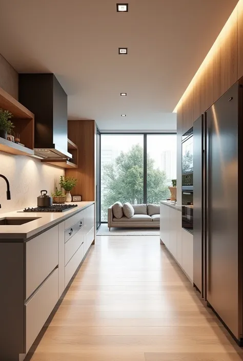 Image of a 3d rendering of a modern kitchen showing the entire kitchen