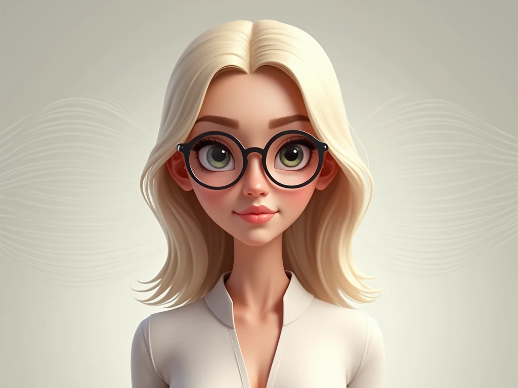 Create a sleek, sophisticated digital avatar for a YouTube channel called Neuro Escape. The character should have medium-length, smooth blonde hair (not too light), big expressive eyes, and round glasses that give her an intellectual look. The character sh...