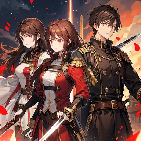 The red-eyed Knight Commander (male, Brown Hair)is sharing a sword with his subordinates