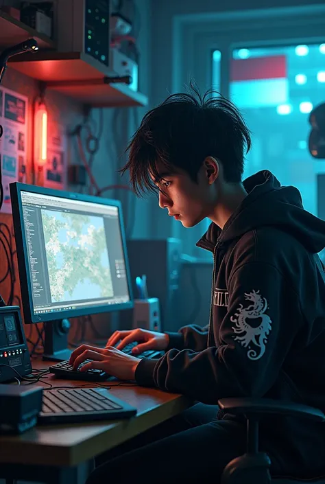  looks from behind a messy haired young man sitting in front of a computer desk Hackers desk Wallpaper and Indonesian Flag, using a KILLER VPN jacket and a white Dragon emblem and lots of 3D animations on the wall