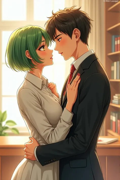 Create a sketch of a couple in love with lawyers, girl with short green hair ,  yellow eyes 