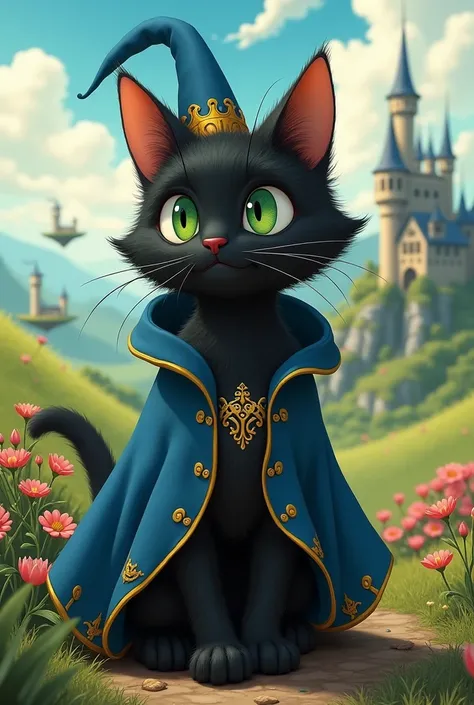 Black cat with green eyes dressed as howl from the wandering castle 
