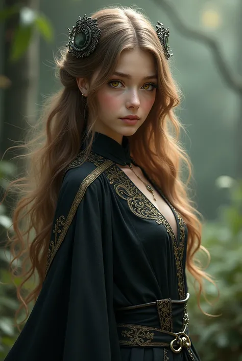 ((girl)), ((amber eyes)), long and smooth light brown hair)), ((witch outfit)), ((Lean body)),