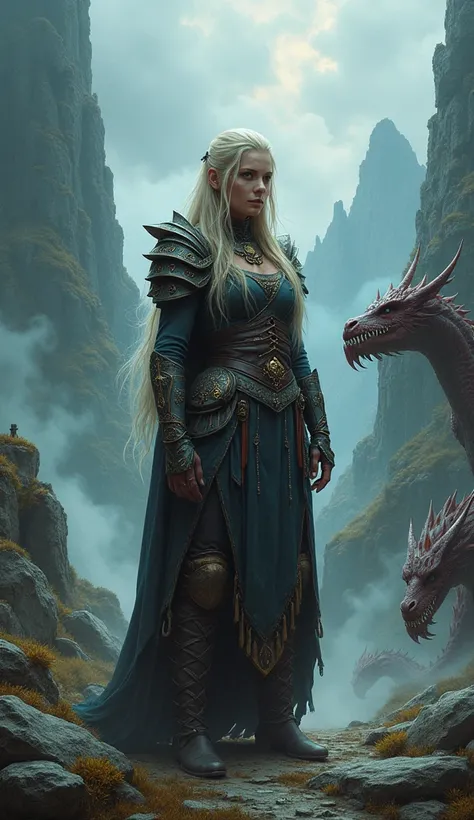  a Viking woman ,  similar to a mythical warrior ,  surrounded by northern mythological creatures,  like dragons or elves .  She has mystical attributes ,  showing her connection to nature and spirits .