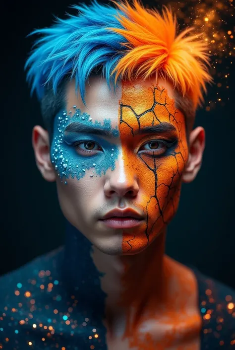 a regal large full-figure handsome Asian young man , one side of her face covered in blue makeup with icicles & snowflakes. the other side of her face covered in orange paint makeup with elaborate crack lava makeup. with short shiny vibrant hair half ombre...